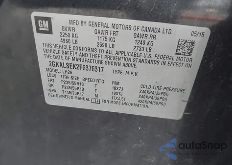 2015 GMC Terrain Slt-1 из США, поврежденный, VIN 2GKALSEK2F6376317